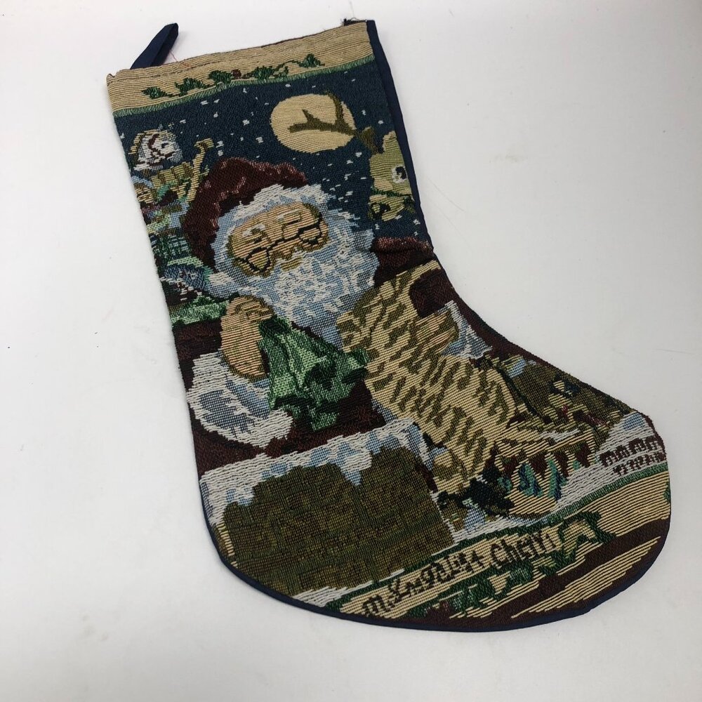 Vintage Needlepoint  SANTA Christmas Stocking Wool Tapestry Red Velvet 16"